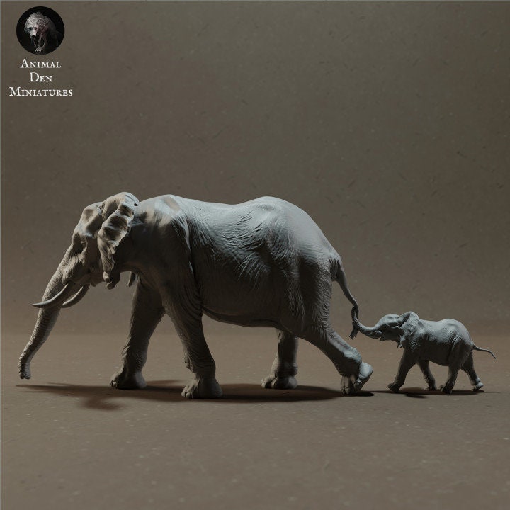 African Bush Elephant Cow and Calf - UNPAINTED - Animal Den Miniatures