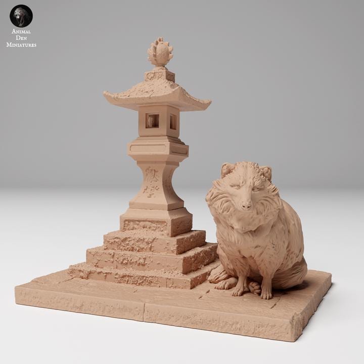 Tanuki Next To Japanese Lantern - UNPAINTED - Animal Den Miniatures