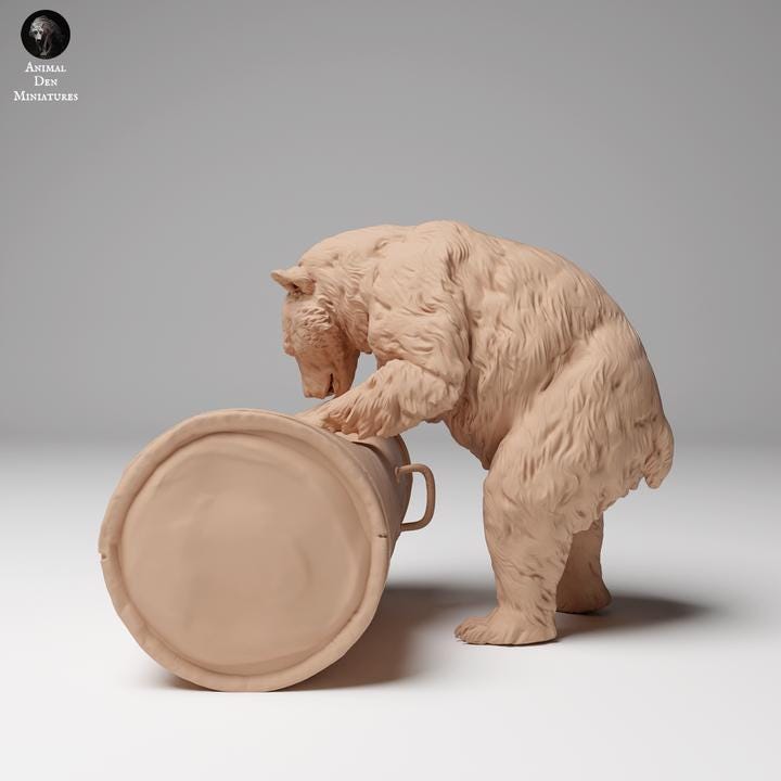 Black Bear Destroys Trash Can - UNPAINTED - Animal Den Miniatures