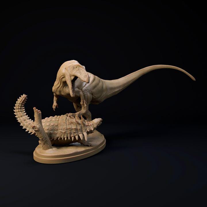 Neovenator hunting Polachantus - UNPAINTED - Dino and Dog Miniatures