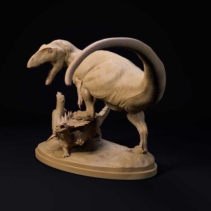 Neovenator hunting Polachantus - UNPAINTED - Dino and Dog Miniatures