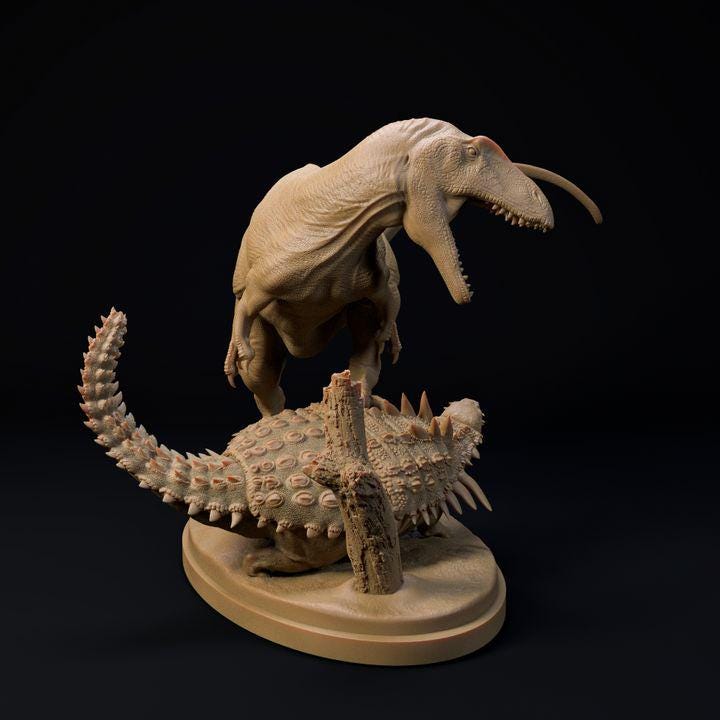 Neovenator hunting Polachantus - UNPAINTED - Dino and Dog Miniatures