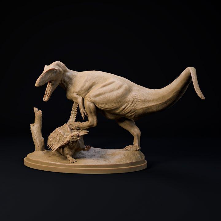 Neovenator hunting Polachantus - UNPAINTED - Dino and Dog Miniatures
