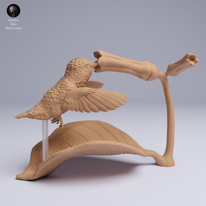 Bee Hummingbird and Flower - UNPAINTED 3D Resin Figure - Animal Den Miniatures