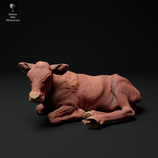 Red Devon Calf Lying - UNPAINTED - Animal Den Miniatures