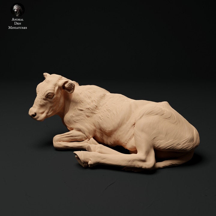 Red Devon Calf Lying - UNPAINTED - Animal Den Miniatures