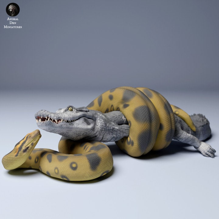 Green Anaconda vs Black Caiman - UNPAINTED - Animal Den Miniatures