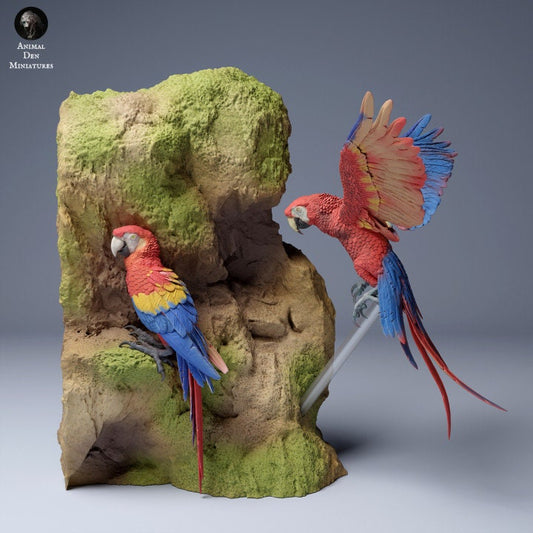 Scarlet Macaws (Ara macao) - UNPAINTED - Animal Den Miniatures