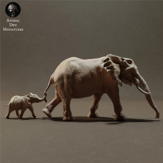 African Bush Elephant Cow and Calf - UNPAINTED - Animal Den Miniatures