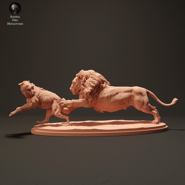 Lion Hunting a Spotted Hyena - UNPAINTED - Animal Den Miniatures