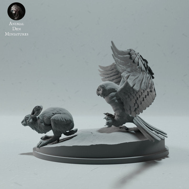 Snowy Owl Hunting Arctic Hare - UNPAINTED - Animal Den Miniatures