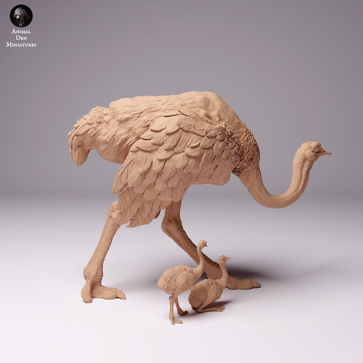 North African Ostrich Female with Chicks - UNPAINTED - Animal Den Miniatures