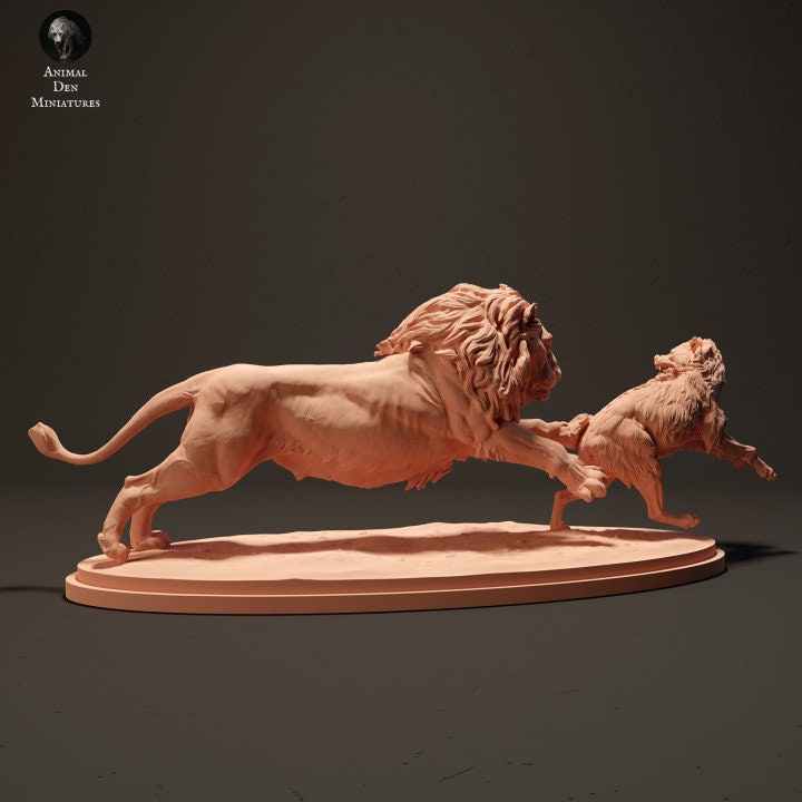 Lion Hunting a Spotted Hyena - UNPAINTED - Animal Den Miniatures