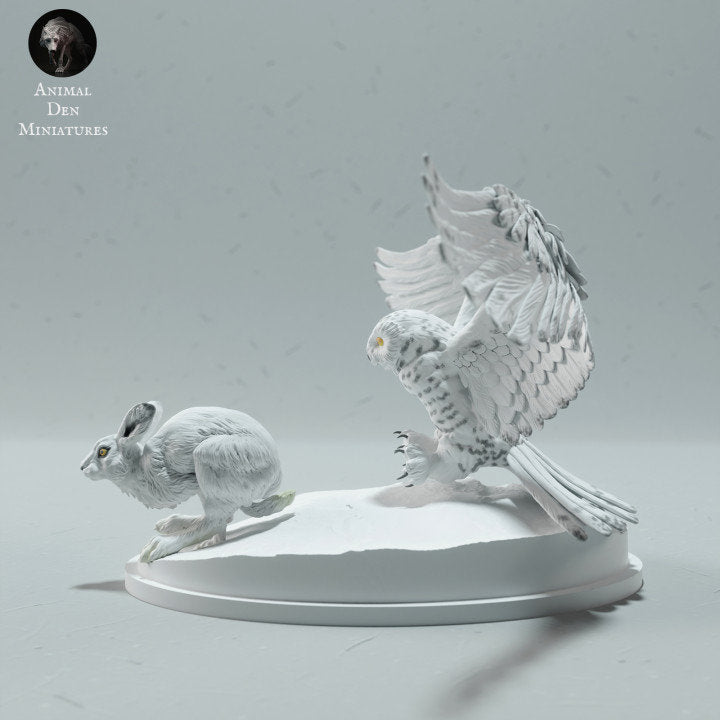 Snowy Owl Hunting Arctic Hare - UNPAINTED - Animal Den Miniatures
