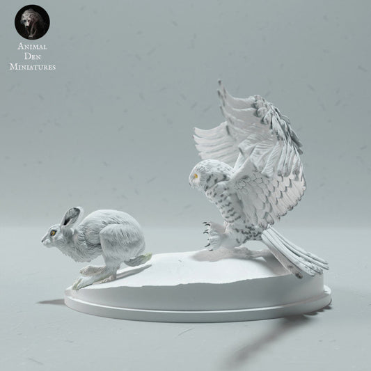 Snowy Owl Hunting Arctic Hare - UNPAINTED - Animal Den Miniatures