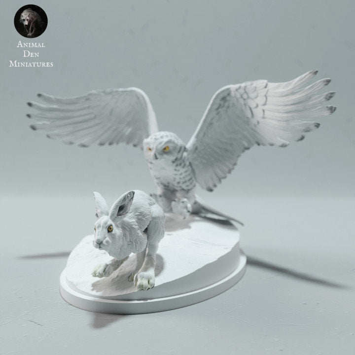 Snowy Owl Hunting Arctic Hare - UNPAINTED - Animal Den Miniatures