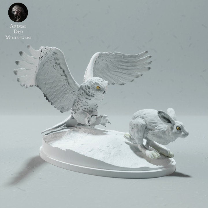 Snowy Owl Hunting Arctic Hare - UNPAINTED - Animal Den Miniatures