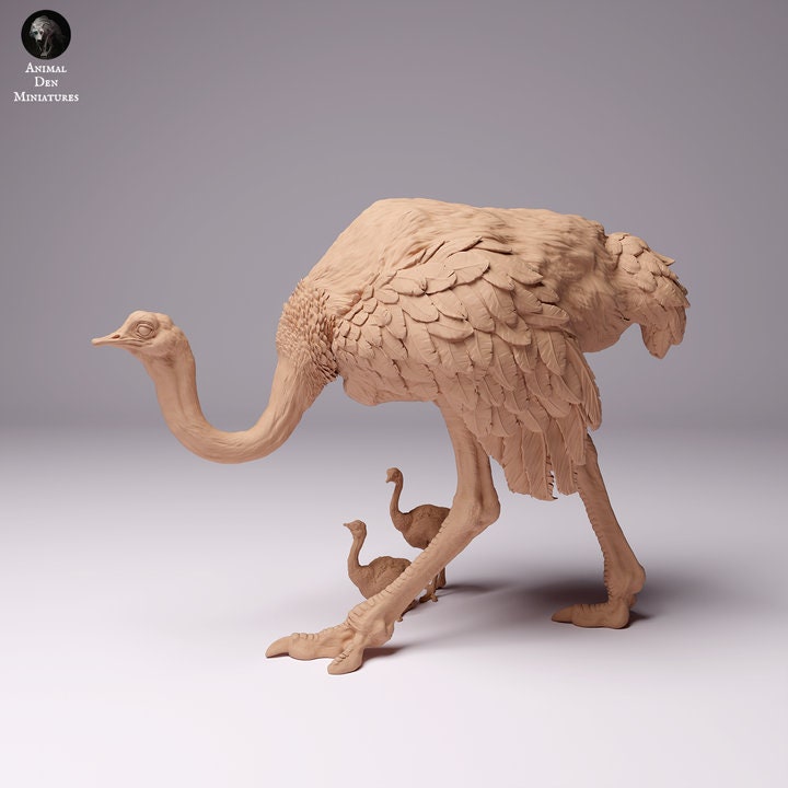 North African Ostrich Female with Chicks - UNPAINTED - Animal Den Miniatures