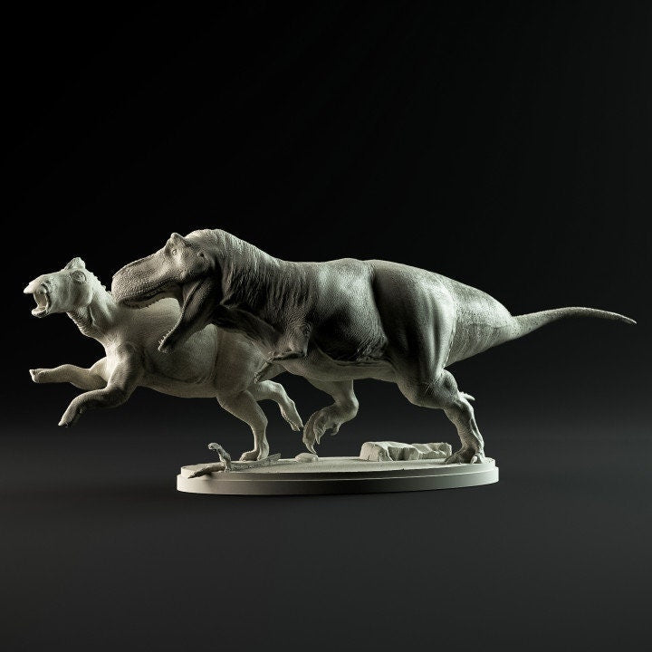 Tyrannosaurus hunting Edmontosaurus - UNPAINTED - Dino and Dog Miniatures