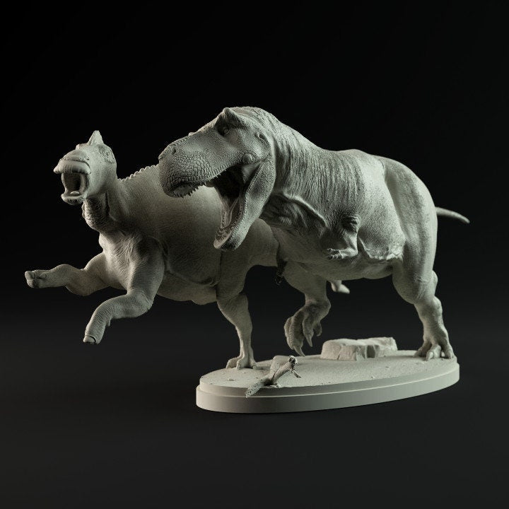 Tyrannosaurus hunting Edmontosaurus - UNPAINTED - Dino and Dog Miniatures