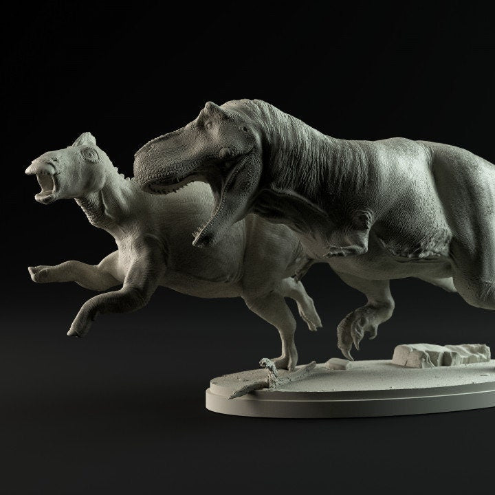 Tyrannosaurus hunting Edmontosaurus - UNPAINTED - Dino and Dog Miniatures