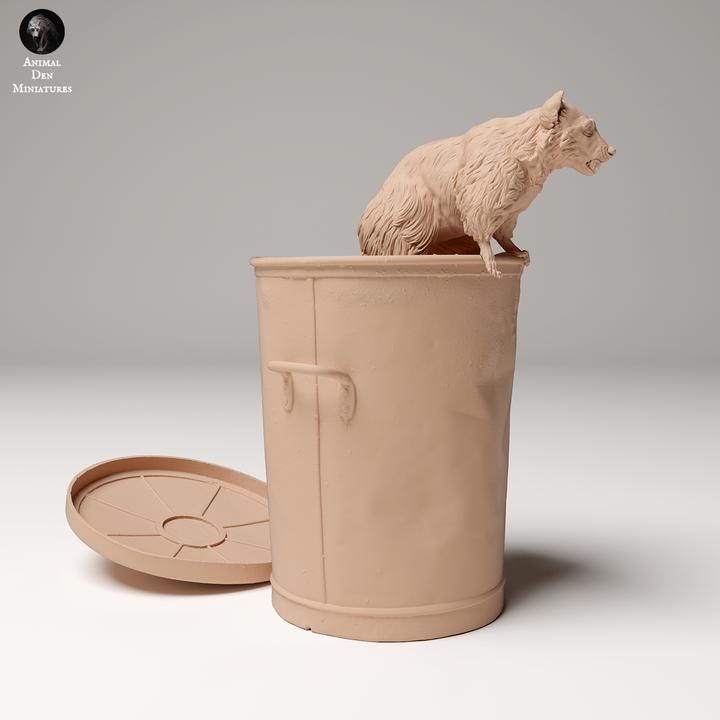 Common Raccoon in Trash - UNPAINTED - Animal Den Miniatures