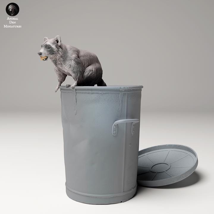 Common Raccoon in Trash - UNPAINTED - Animal Den Miniatures