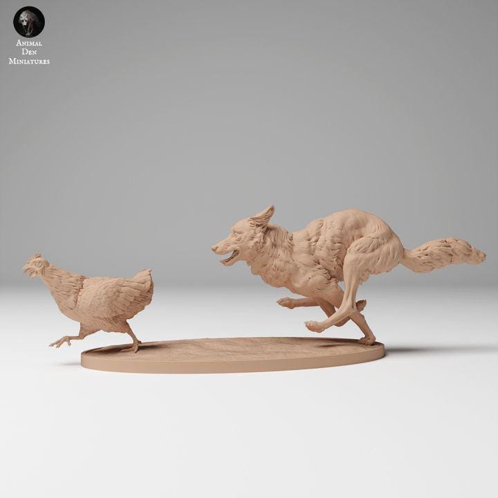 Coyote Hunting Chicken - UNPAINTED - Animal Den Miniatures