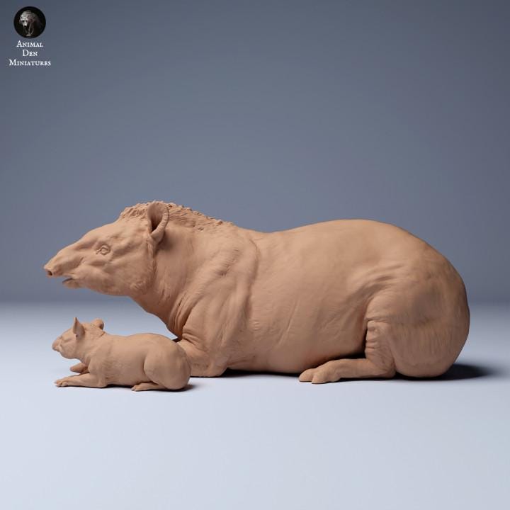 Brazilian tapir (Tapirus terrestris) Female and Calf Lying - UNPAINTED - Animal Den Miniatures