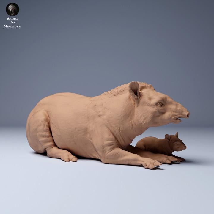 Brazilian tapir (Tapirus terrestris) Female and Calf Lying - UNPAINTED - Animal Den Miniatures