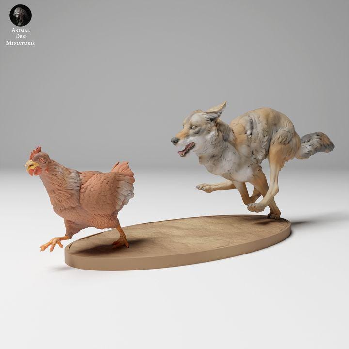 Coyote Hunting Chicken - UNPAINTED - Animal Den Miniatures