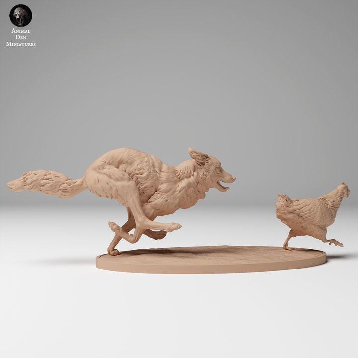 Coyote Hunting Chicken - UNPAINTED - Animal Den Miniatures
