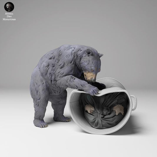 Black Bear Destroys Trash Can - UNPAINTED - Animal Den Miniatures