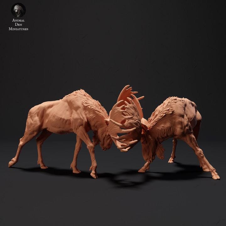 Moose Bulls Fighting - UNPAINTED - Animal Den Miniatures