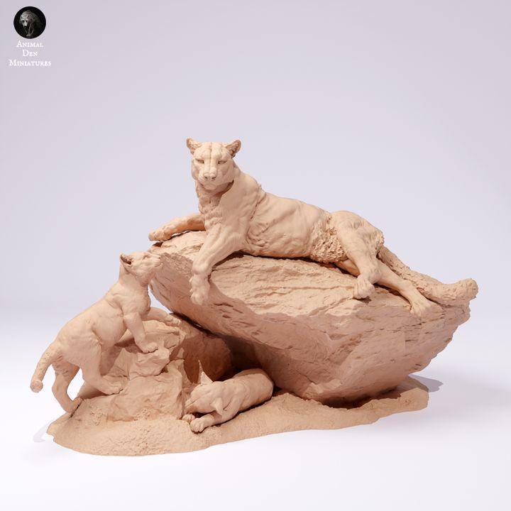 Mountain Lions on a Rock - UNPAINTED - Animal Den Miniatures