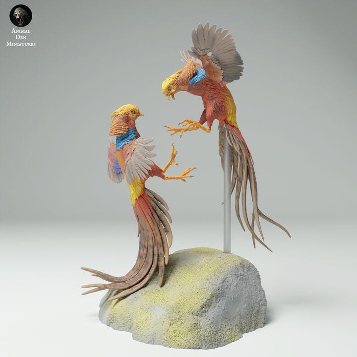 Golden Pheasants Fight - UNPAINTED - Animal Den Miniatures