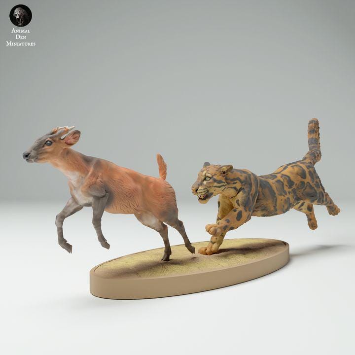 Clouded Leopard Hunting Muntjac Deer - UNPAINTED - Animal Den Miniatures