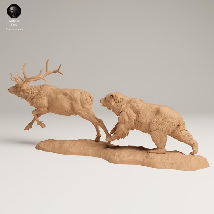 Grizzly Chasing Rocky Mountain Elk - UNPAINTED 3D resin print/figure - Animal Den Miniatures