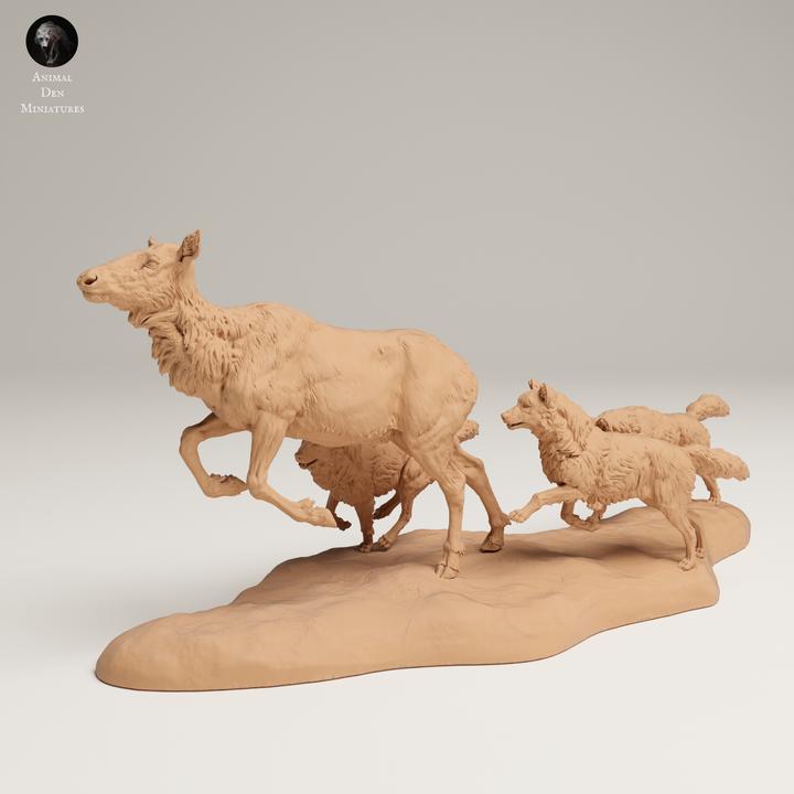 Grey Wolves Hunting Elk Cow - UNPAINTED 3D resin print/figure - Animal Den Miniatures