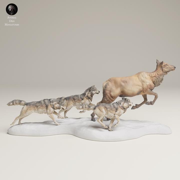 Grey Wolves Hunting Elk Cow - UNPAINTED 3D resin print/figure - Animal Den Miniatures