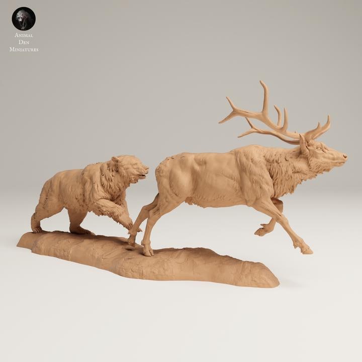 Grizzly Chasing Rocky Mountain Elk - UNPAINTED 3D resin print/figure - Animal Den Miniatures