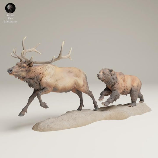 Grizzly Chasing Rocky Mountain Elk - UNPAINTED 3D resin print/figure - Animal Den Miniatures
