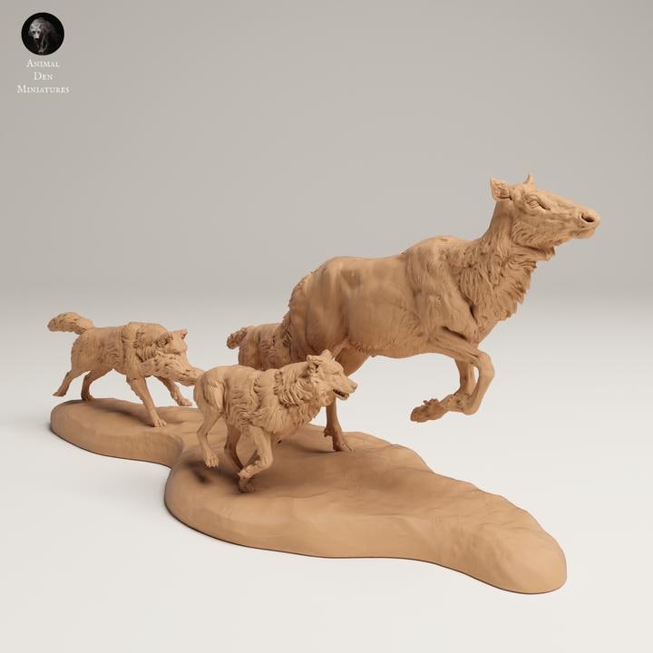 Grey Wolves Hunting Elk Cow - UNPAINTED 3D resin print/figure - Animal Den Miniatures