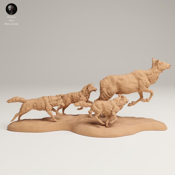 Grey Wolves Hunting Elk Cow - UNPAINTED 3D resin print/figure - Animal Den Miniatures