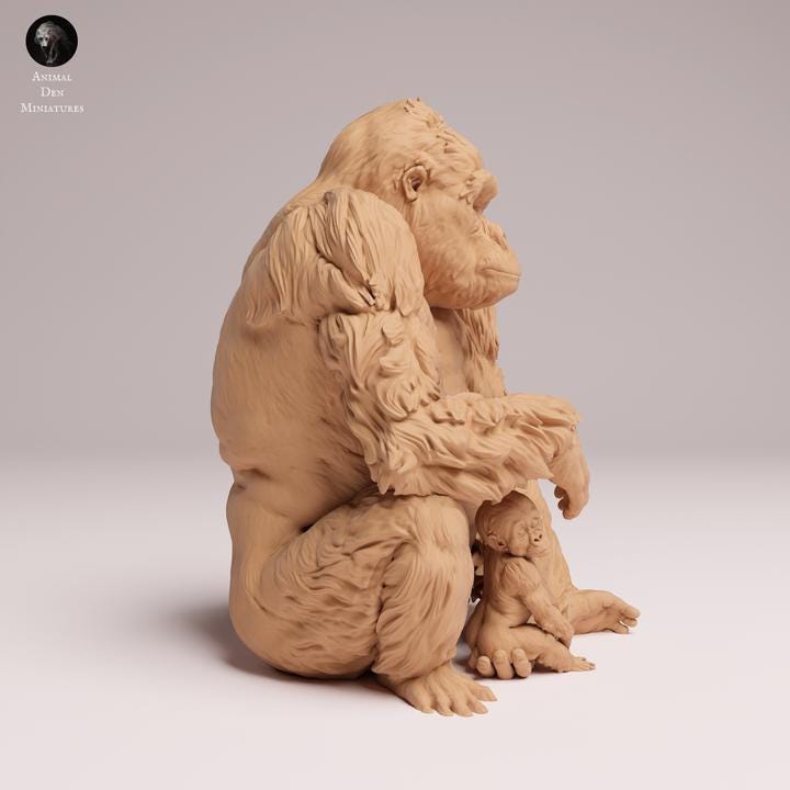 Eastern Lowland Gorilla Female and Infant sitting - UNPAINTED 3D Resin Figure - Animal Den Miniatures
