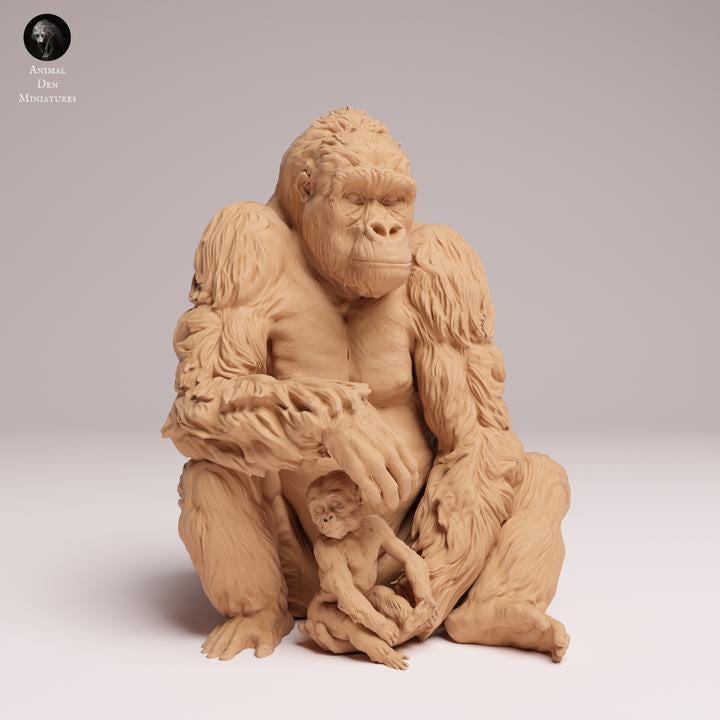 Eastern Lowland Gorilla Female and Infant sitting - UNPAINTED 3D Resin Figure - Animal Den Miniatures