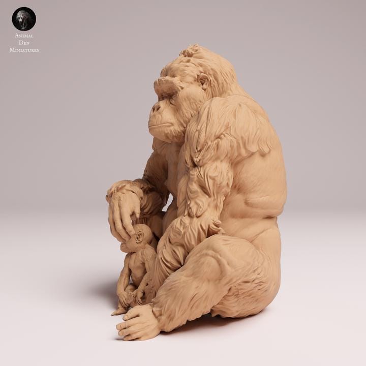 Eastern Lowland Gorilla Female and Infant sitting - UNPAINTED 3D Resin Figure - Animal Den Miniatures