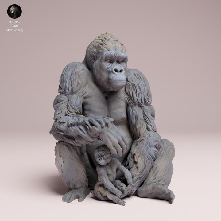 Eastern Lowland Gorilla Female and Infant sitting - UNPAINTED 3D Resin Figure - Animal Den Miniatures