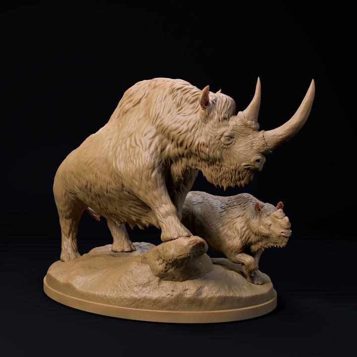 Woolly rhinoceros mother and calf - UNPAINTED 3D Resin Figure - Dino and Dog Miniatures