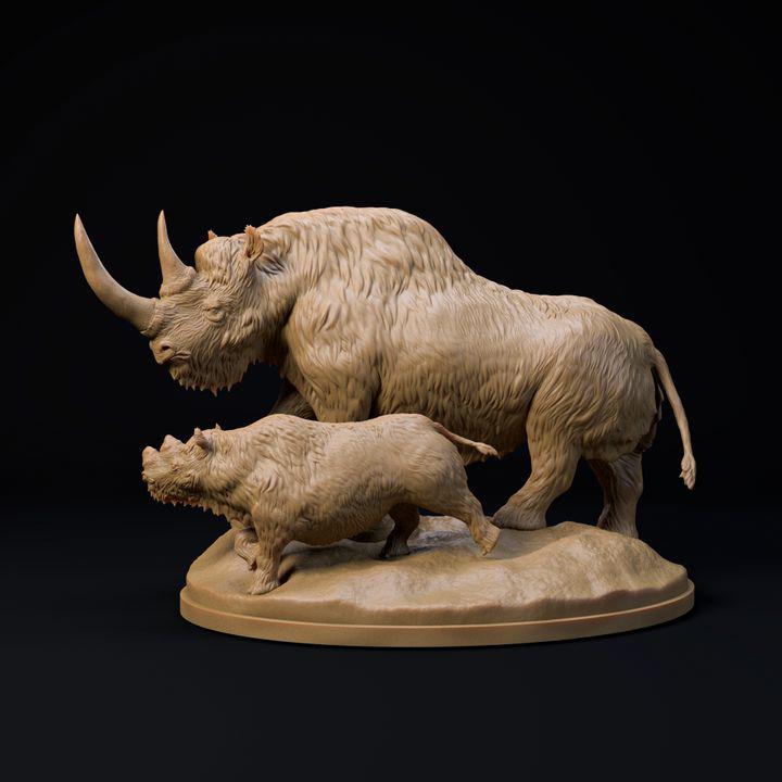 Woolly rhinoceros mother and calf - UNPAINTED 3D Resin Figure - Dino and Dog Miniatures